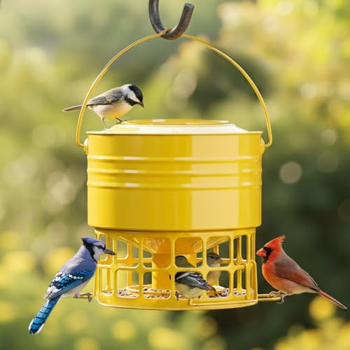 KOL Large Bird Feeder for Outdoors, 10LB Capacity Powder Coated Metal Feeder with 32 Feeding Ports & 3 Perches, Easy-Clean Hanging Birdfeeder for Cardinals, Bluebirds, Finches (Earthy Yellow)