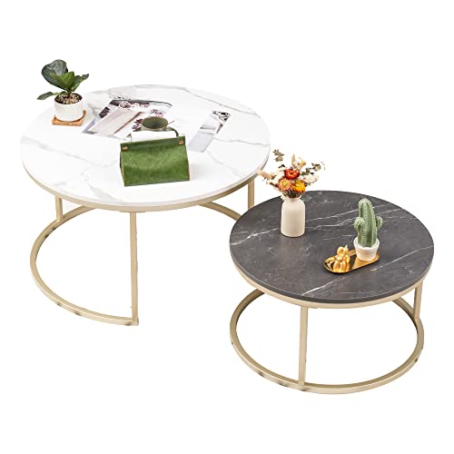 Soayone - Set di 2 tavolini da caffè rotondi in marmo bianco con struttura in metallo dorato, tavolino rotondo per soggiorno, camera da letto, balcone