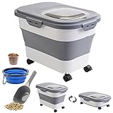 LKSTK 18 LB Grey Dog Food Storage Container with Rolling Wheel, Collapsible Dog Food Container with Travel Silicone Bowl and Scoop, Folding Cat Food Container Kitchen Rice Storage