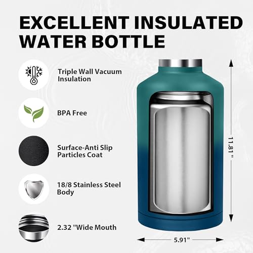 Image of One Gallon Insulated Water Bottle, Triple Wall 128 oz Stainless Steel Wide Mouth Water Bottles (Cold for 48 Hrs), Leak Proof, Non-BPA, Large Water Flask Jug with Paracord Handle & Straw Spout Lids
