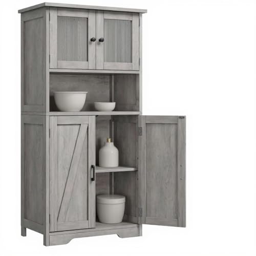 Garvee Muebles de Cocina, Armario de Almacenaje, Armario Aparador, con Puertas de Cristal y Estantes Ajustables, para Salón y Cocina, Estilo Moderno, 60 * 30 * 128 cm (Gris)