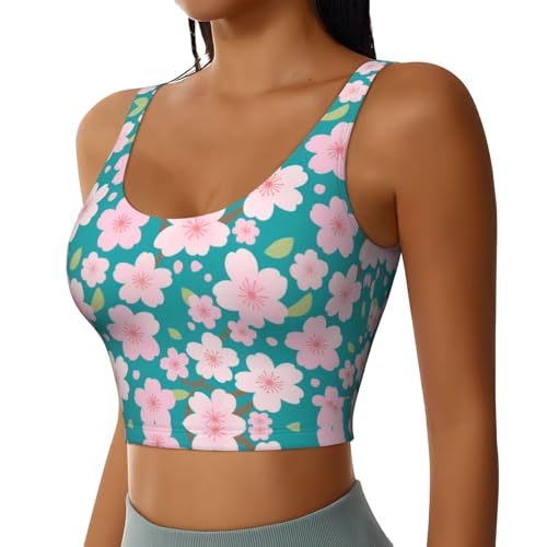 Comfort Fit Spring Pink Blossom Trees Cherry Flowers Art Sports Vest for Women Girls, U-Shaped Back Athletic Tank Tops with Bralette Pads Fast Dry Shirts for Yoga Workout