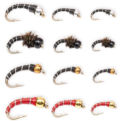Floating Feather Supply Zebra Midges for Fly Fishing 12 Pack - Hook Size 18-22 Fishing Accessories Trout Flies Wet Flies Silver Bead Black Gold Red Tungsten Euro Nymph (Assorted 4X(18-22))