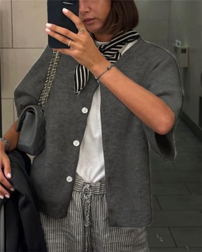 Image of Women Knitted Crop Cardigan Shirt Short Sleeve Button Down Ribbed Knit Crop Top Y2k Girls Outwear Top Tee Shirt