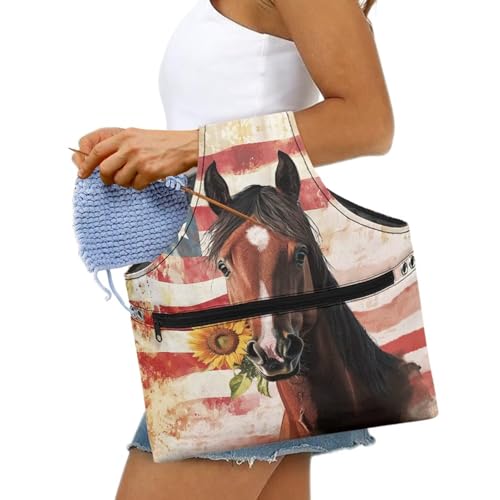 Image of ZUXONGSY American Flag Knitting Bag Organizer for America250 Horse Knitting Crochet Tote Bag July 4th 2026 Lightweight Sunflower Yarn Tote Handbags for Crocheting