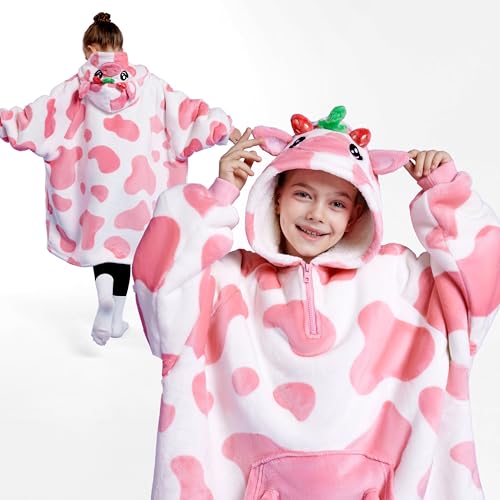 Image of Giggling Getup Wearable Blanket Hoodie for Girls and Boys Sherpa Fleece Hooded Blanket Sweatshirt Warm Cozy Sherpa Wearable Throw Oversized Hoodie with Giant Pocket & Sleeves for Kids Strawberry Cow