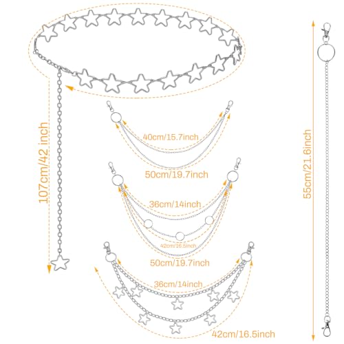 Chain Belt, 5 Pcs Waist Chain Belt Jeans Pants Chain Wallet Chain Pocket Silver Chain Belt Y2K Goth Accessories Punk Dress Body Belly Chain for Women Men2