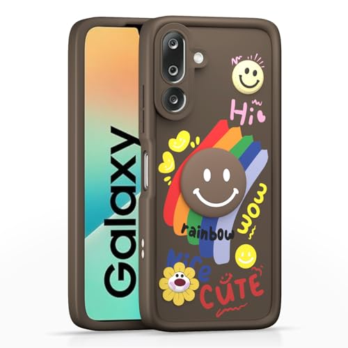 Image of Pikkme Back Cover for Samsung Galaxy M36 5G | Soft Silicone| Cute Rainbow Smile & 3D Cartoon Flower Design | Shockproof Raised Camera Protection Bumper Case (Brown)