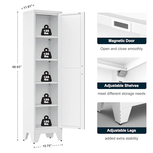 Image of LCAOPC 67 inch Tall Narrow Bathroom Metal Storage Cabinet with 4 Adjustable Shelves, Freestanding 5 Tier Slim Pantry Storage Cabinet for Small Space, White
