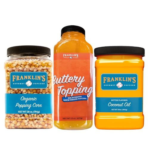 Franklin’s Popcorn 15oz Buttery Topping, 28oz Organic Popcorn Kernels & 30oz Butter Flavored Coconut Oil Bundle