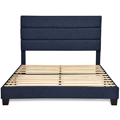 Queen Size Bed Frame, Upholstered Platform Bed with Headboard, Strong Wood Slat Support, Mattress Foundation, No Box Spring Needed, Blue