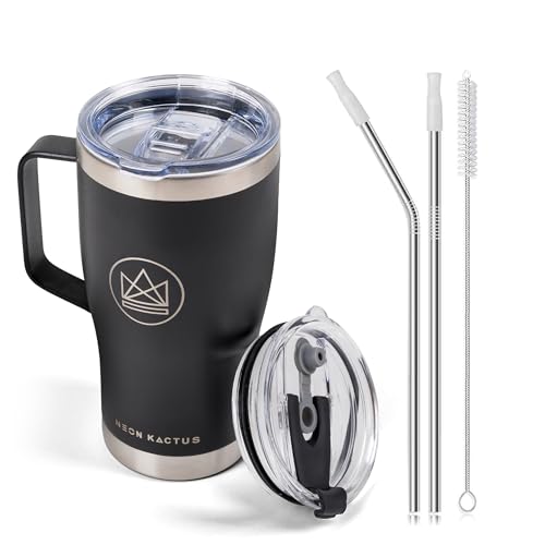 Neon Kactus 600ml/20oz Insulated Travel Mug with Handle, 2 x Stainless Steel Straws & 2 x Spillproof Lids, Vacuum Double Wall Stainless Steel Tumbler for Hot & Cold Drinks - Rock Star