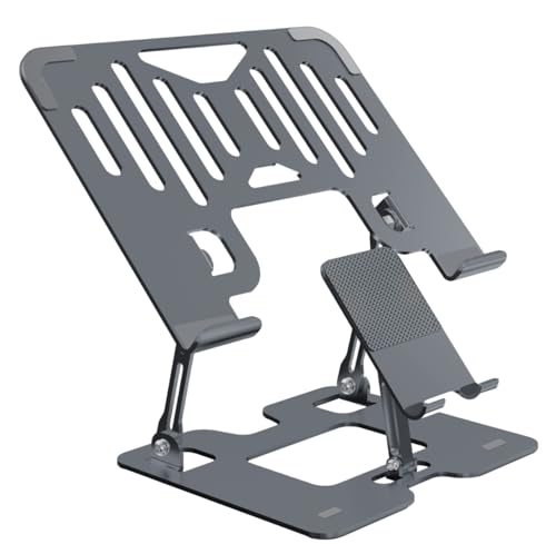 Image of Dyazo 2 in 1 Adjustable Laptop & Mobile Stand | Foldable & Ventilated Riser for Laptops upto 15.6 inch | Portable Adjustable Height | Compatible for MacBook, HP, Dell, Acer, Lenovo & More (Space Grey)