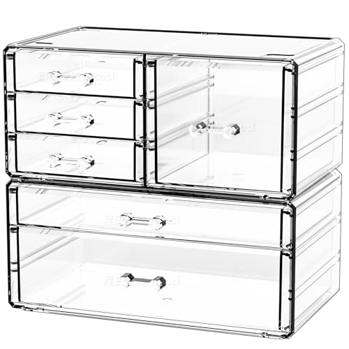 Cq acrylic 2 Pack Clear Desk Organizer With Drawers,Stackable 6 Drawers Skincare Organizer,Cute Skin...