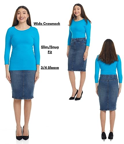 Image of ESTEEZ Women's 3 /4 Sleeve Wide Neck Layering T-Shirt - Modest Cotton Stretch Fitted Base Layer Top