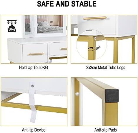 WOLTU Dressing Table with 3 Mirrors, Make up Table with 3 Deep Drawers, Vanity Table with Metal Legs, Modern, 90x40x125cm, White+Gold, MB6093ws