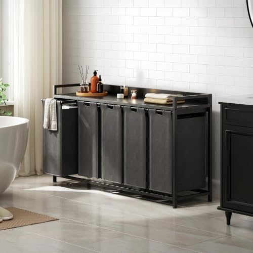 Herture Laundry Hamper with Shelf, Laundry Basket 5 Section, Laundry Sorter with Pull-Out Removable Large Bags and Movable Wheels, Metal Frame, 5 x 15.87 Gallons (60L), Black PF08XLB by Herture - Used condition - Image 6