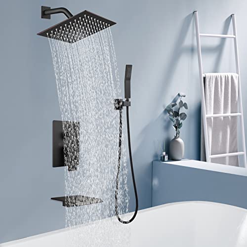 Midanya Rain Shower System Oil Rubbed Bronze Tub Shower Faucet Set 8 Inch Square Rainfall Shower Head With Handheld Sprayer And Waterfall Tub Spout Rough-In Valve Shower Mixer Combo #TOP7