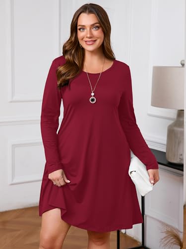 Image of AusLook Women's Plus Midi Dress Long Sleeve Crew Neck A-Line Swing Flowy Vacation Fall Wedding Guest Dresses with Pocket 1-5X