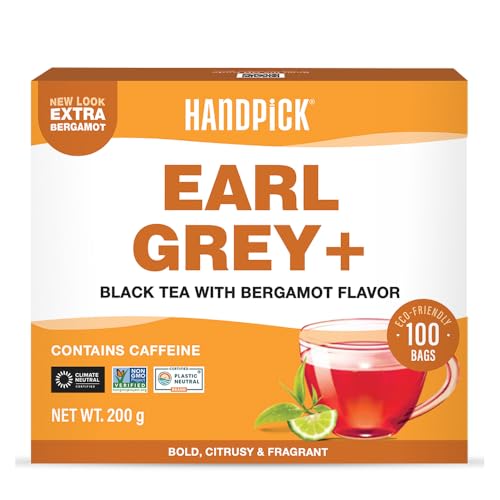 HANDPICK, Té Negro Earl Grey en Bolsitas - 100 Bolsitas Redondas Ecológicas - Earl Grey Puro Con Extractos De Bergamota 100% Puras - Aroma Cítrico - No-OGM - Sellado al Vacío para Frescura