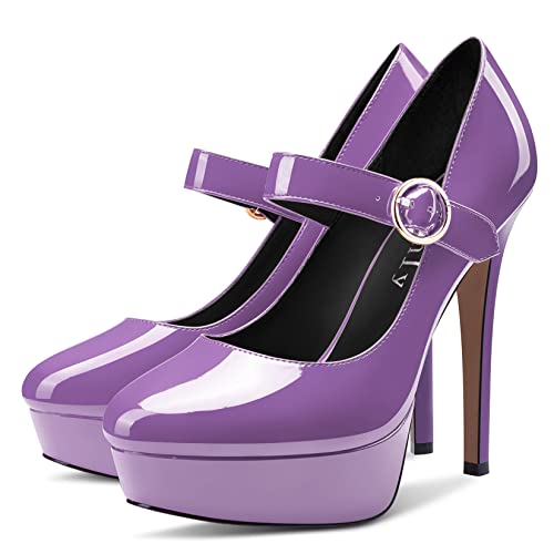 DearOnly Womens Platform Pumps Mary Jane Closed Round Toe Stiletto High Heel Ankle Strap Slip On Patent Dress Shoes Shopping 5 Inch4