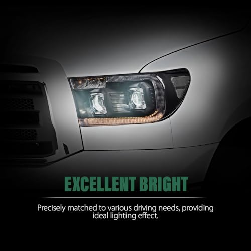 Image of GRAND ORANGE LED Tube Projector Headlights Assembly w /Bulbs Compatible with Toyota Tundra 2007-2013 /Fit Toyota Sequoia 2008-2017 Driver & Passenger Side Clear Lens Black Housing Clear Reflector