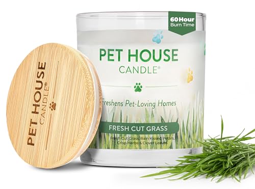 Pet House Candles, 9 oz Fresh Cut Grass Scented Candle, Clean Burning, Long Lasting Plant-Based Pet Friendly Candle, 60 Hour Burn Time