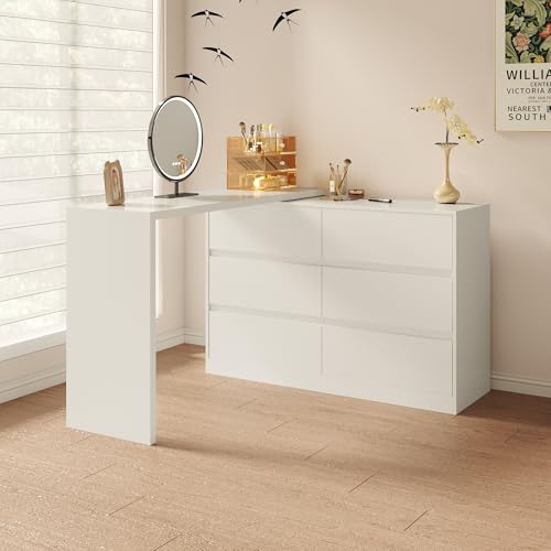PREMTURE Expandable Dressing Table with L-Shaped Desk, Vanity Desk with 6 Drawers, Adjustable Corner Makeup Table, Wooden Chest of Drawers for Bedroom Home Office, White