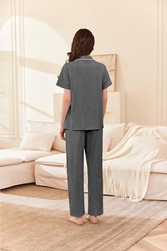 Image of Ekouaer Women's 100% Cotton Pajamas Set Short Sleeve Button Down Pjs 2 Piece Soft Sleepwear with Long Pants Lounge Set Grey X-Large