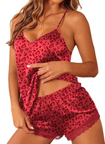 Image of Ekouaer Satin Pajamas Women Lace Sleepwear Lingerie Cami Shorts Set Nightwear XS-XXL