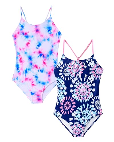 Angel season Girls One Piece Pink Swimsuits and Girls Rash Guard Daisy Halter Bathing Suit Bundle