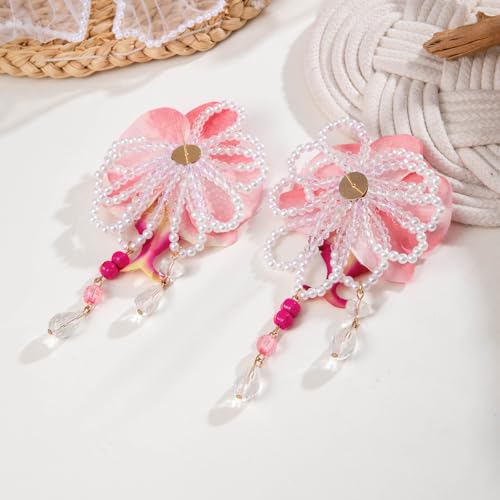 Orchid Earrings For Women, Bohemian Pink Large Butterfly Flower Tassel Artificial Pearl Petal Dangle Earrings Elegant Beach Party Gift Jewelry4