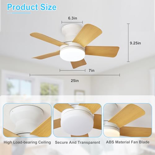 Image of Depuley Modern Ceiling Fan with Light: 25-Inch White Small Fans for Bedroom Indoor Outdoor - Dimmable Low Profile Ceiling Fans with Remote Control Flush Mount 5 Reversible Wood Blades 6 Speeds Timer