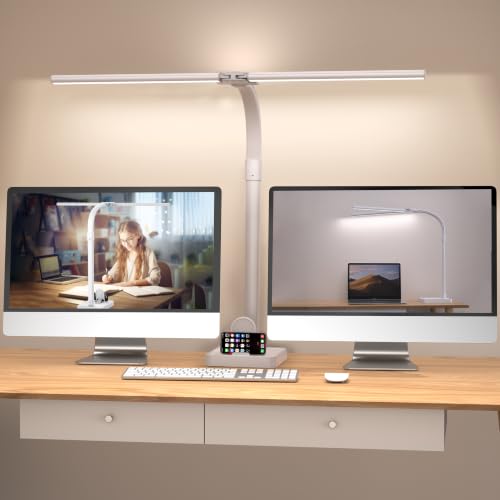 Ksunun Double Head LED Desk Lamp, Architect Desk Lamps for Home Office, 24W Brightest Workbench Office Lighting-5 Color Modes and 5 Dimmable Eye Protection Modern Desk Lamp (White-Desktop, Big)