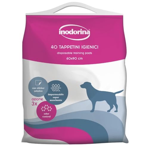 Inodorina Tappetini igienici per Cani (60x90 cm, 40 Pezzi, Senza Profumo) – Traversine profumate Super assorbenti in Pura cellulosa Vergine – con polimeri Odor Control e Sticker Antiscivolo