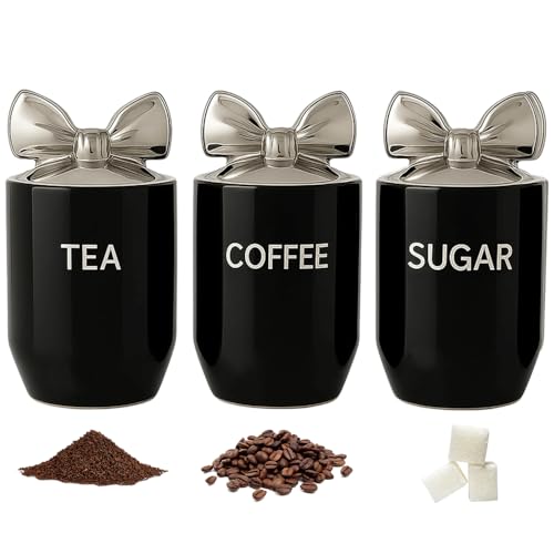 BMLIMITED BML Black Ceramic Tea Coffee Sugar Canister Set with Silver Bow Lids Airtight Kitchen Storage Jars for Kitchen Countertop Décor Accessories
