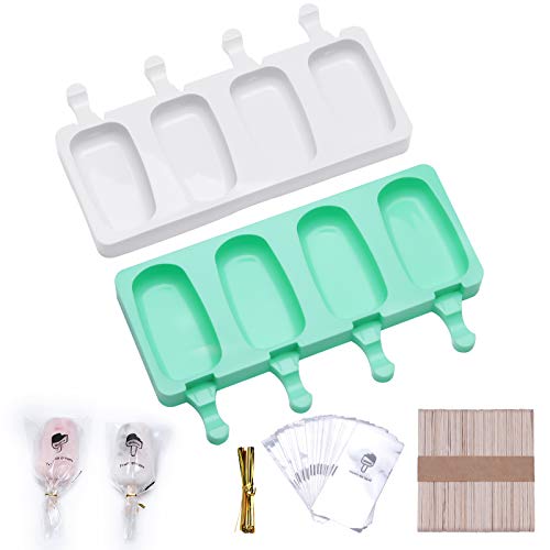 MJSWHY Popsicle Molds Set of 2, Cake Pop Mold, 4 Cavities Ice Pop Molds, Homemade Ice Cream Mold, Popsicle Maker with 100 Wooden Sticks, 100 Popsicle Bags for DIY Ice Cream, Home Baking(White+Green)