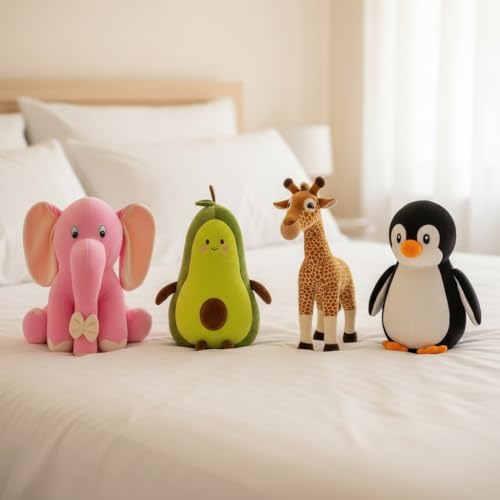 Image of Pack of 4 Elegant Soft Toys Combo Plush Stuffed Animals (Appu-Avocado-Griffe-Black Penguin)