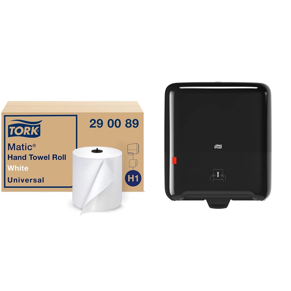 Tork Matic Paper Hand Towel Roll White H1, 6 Rolls x 700 ft, 290089 & Tork Matic Hand Towel Roll Dispenser, Black, Elevation, H1, One-at-a-Time dispensing with Refill Level Indicator, 5510282