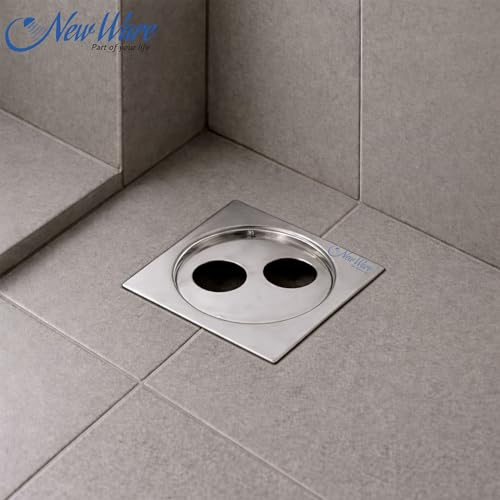 Image of NEW WARE 5x5 Inch Stainless Steel Bathroom Floor Drain Jali with Trap | Double Hole Water Drain Grating | Anti-Clog Rust Resistant Chrome Finish Drain Cover for Bathroom, Shower & Wash Area