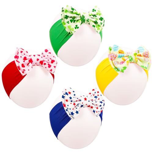 JATEBI 4 Pcs 6 Holiday Baby Bows Headbands for Newborn Infant Toddler Soft Stretchy Nylon Hair Bands Holiday Hair Accessories for Valentines Day St. Patricks Day Easter 4th of July