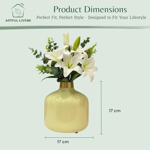 Image of Artful Living India - Round Metal Flower Vase | Round Vintage Vase for Living Room, Table, Office Decoration & Home Decor | Antique Decorative Metal Vase (Pastel Yellow)