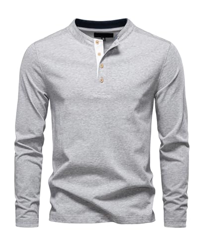 T-shirt Henley homme manches longues coton col tunisien boutonné vêtement automne classique