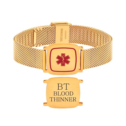 Uloveido Engraved Blood Thinner Medical Mesh Bracelet with Golden Stainless Steel Band, 21 cm for Women, Emergency Alert ID Wristband YA6040