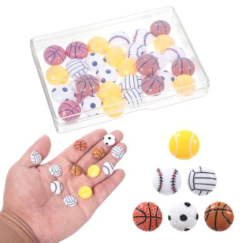 Tiny Resin Sports Ball Embellishment 42 PCS Assorted Sport Ball Flat Back Resin Charms Basketball Baseball Football Soccer Tennis Beads Mini Volleyballs for Crafts DIY Scrapbooking Sports Charms