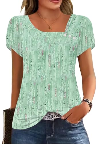 Image of Womens Petal Sleeve Tops Summer Trendy T Shirt Casual Loose Square Neck Button Blouse Tees