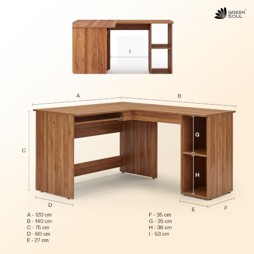 Image of Green Soul Brixton (2026 Edition) L-Shape Computer Table for Home PC, Keyboard Tray, 2 Storage Shelves, IS-3087 Engineered Wood, Expansive Tabletop, Latin Walnut, 3 Year Assurance