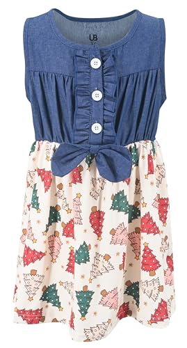 Image of Unique Baby Girls Sleeveless Denim Dress with Knot Tie and Fun Print for Toddler and Big Kids