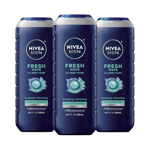 NIVEA MEN Fresh Wave Body Wash with Menthol, Refreshing Scent, 3-in-1 Men's Body Wash, Face and Hair, Paraben Free, Vegan Formula, 16.9 Fl Oz Bottle, Pack of 3