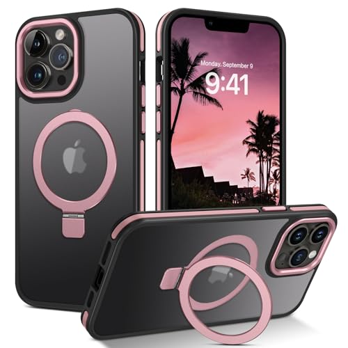 DUEDUE for iPhone 14 Pro Max Case Magnetic with Ring Holder[Compatible with Magsafe] Translucent Matte Back Cover Slim Shockproof Kickstand Phone Case for iPhone 14 Pro Max 6.7 Black/Pink